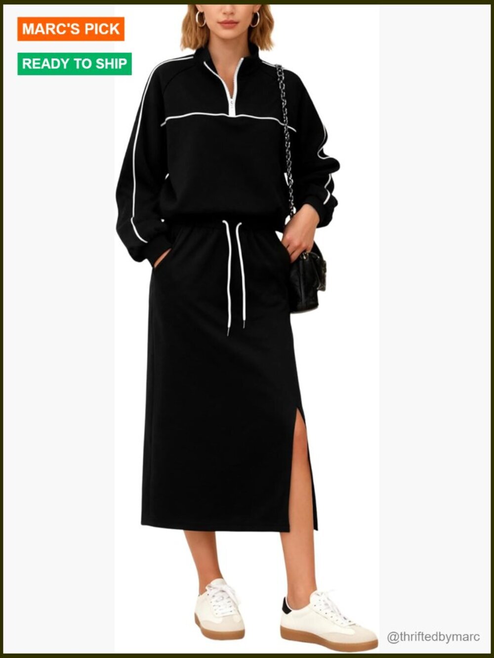 Long Sleeve Polo Top Midi Skirt Set with Pockets Regular Fit Medium